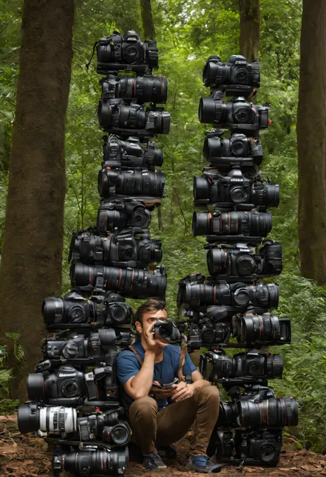 A Male Photographer,olhando a camera, corpo inteiro, em destaque, Carrying 10 Canon cameras on your shoulder, And sitting on a pile of cameras, cercado por floresta