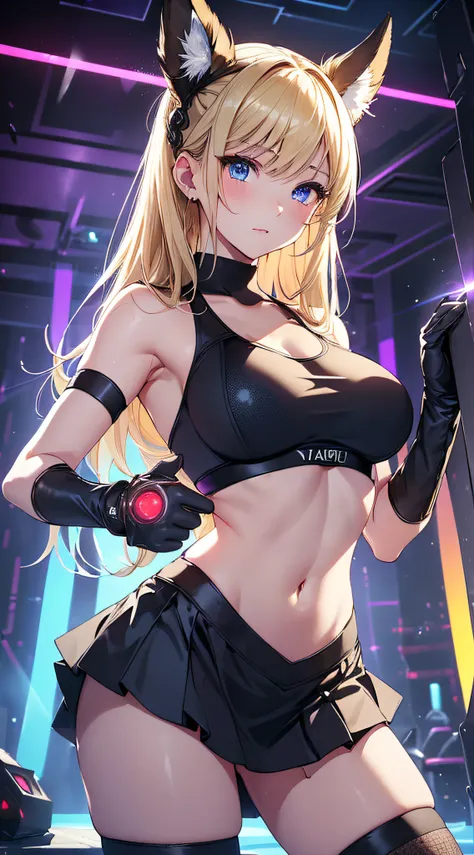 top-quality、Top image quality、​masterpiece、girl with((cute little、18year old、Best Bust、Medium bust、Bust 85,Beautiful blue eyes、Breasts wide open,Blonde long hair、A slender、Middle knot、Black Sports Bra、White short skirt,Reflecting the whole body、Black perfo...