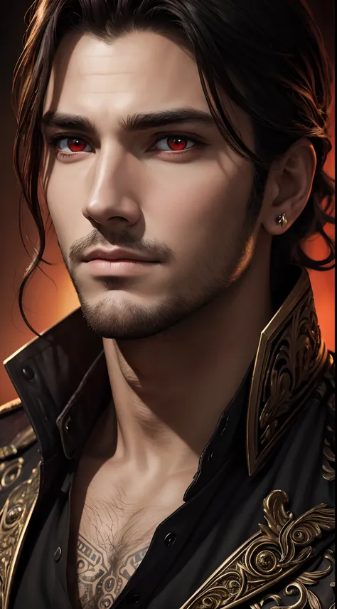 A stunning high-resolution portrait of a handsome man with piercing red eyes, his face expertly rendered with intricate details and a professional touch.