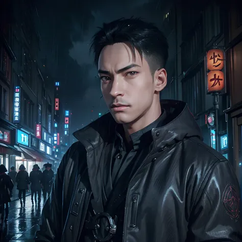 Portrait of male Ashman in Gothic jacket, on Street of Tokyo, Urban city light and raining, looking_at_viewer, intricate, elegant, highly detailed, artstation, concept art, smooth, sharp focus, realistic, art by artgerm and greg rutkowski and fra angelico ...