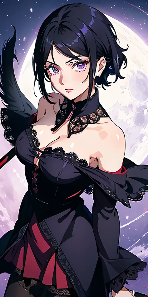 masterpiece, best quality, ultra-detailed, illustration,(1girl),beautiful detailed eyes, Sarada Uchiha, looking at viewer, close up, (breast focus), (arms behind back:1.2), (from above:1.1), black hair, black lace top, high neck lace, black lace covered sh...