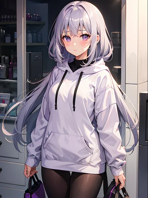 1girl , Silver medium hair, purple eyes, cute, blush, medium breasts⁩, oversize hoodie