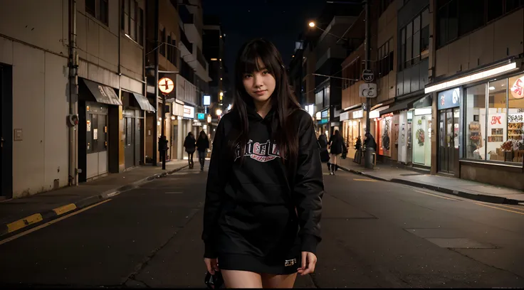 Japanese 20 years old woman, walking down a city street at night, school skirt, black boots, gorgeous woman, stunning woman, black hoodie, smirks at camera, flirty look