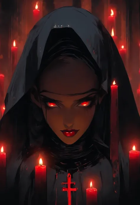 (sexy gothic demonic nun), dark, mysterious, enchanting, hauntingly beautiful, (detailed facial features, piercing eyes, dark red lips), black flowing robes, cross necklace, sensual, alluring pose, (candlelit backdrop, ominous atmosphere), (best quality, h...