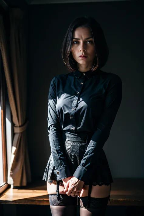 (Best Quality,hight resolution:1.2),The woman,Expressive wrinkles,Bob haircut,jeans skirt,blouse,(dark lace stockings with garters), highheels,Detailed eyes and face,expression of despair,Dark and moody lighting,ominous vibe,desperation,trap, (Imminent Doo...