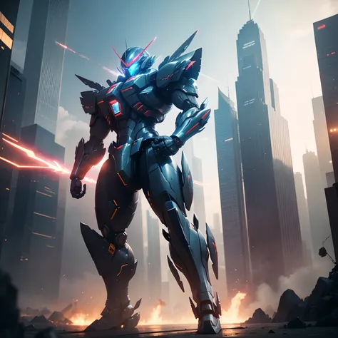 (Best Quality, 4K, 8K, hight resolution, masutepiece:1.2), Ultra-detailed, Realistic:1.37, Science fiction, futuristic design, Detailed wings, Inspired by Gundam, Cityscape, Beam saber, Dynamic action, Vivid colors, powerful stance, Robot craftsmanship, Th...