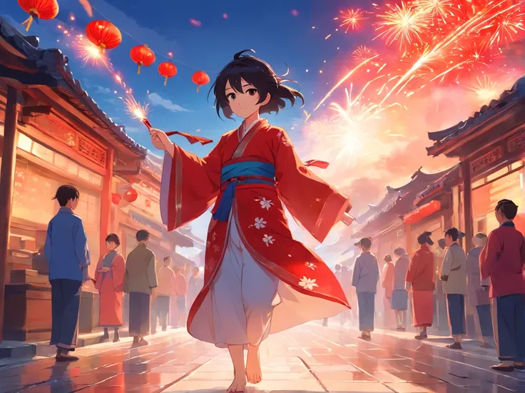 Picture book characters、The weather in China is sunny，Zhuang village in the background、Playing、Bright atmosphere、Handsome 15 year old boy in red Zhuang costume with black hair、With a red firecracker、dressed in：Zhuang costumes