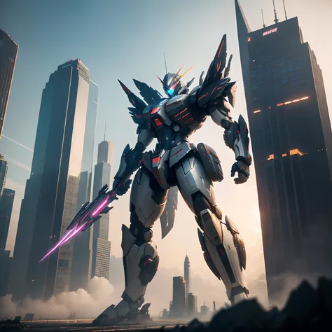 (Best Quality, 4K, 8K, hight resolution, masutepiece:1.2), Ultra-detailed, Realistic:1.37, Science fiction, futuristic design, Detailed wings, Inspired by Gundam, Cityscape, Beam saber, Dynamic action, Vivid colors, powerful stance, Robot craftsmanship, Th...