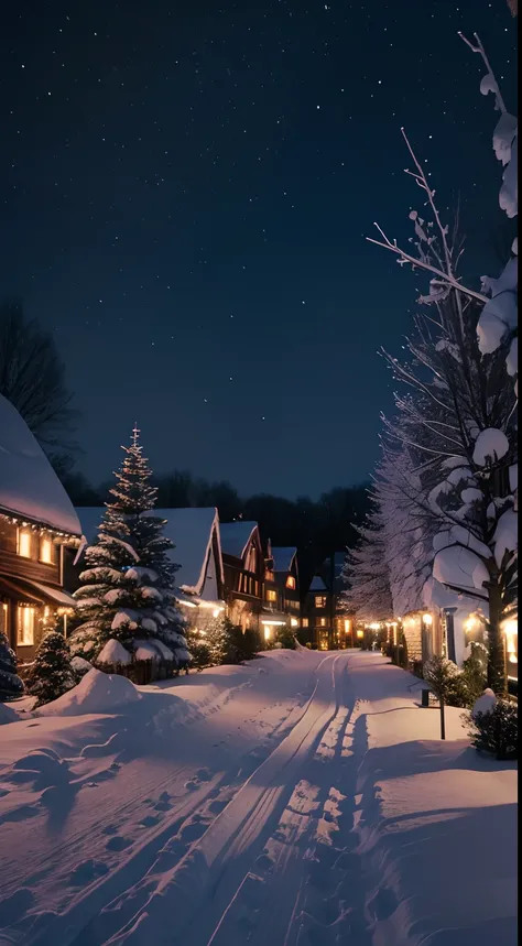 the night, quaint village, Snow hangs from trees, first person perspective