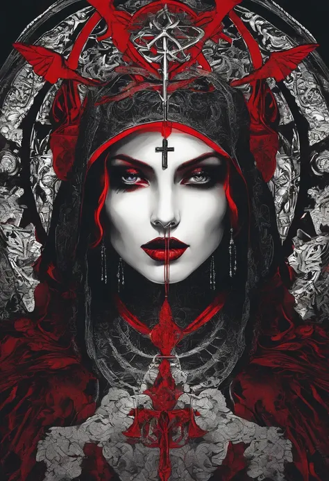 (sexy gothic demonic nun), dark, mysterious, enchanting, hauntingly beautiful, (detailed facial features, piercing eyes, dark red lips), black flowing robes, cross necklace, sensual, alluring pose, (candlelit backdrop, ominous atmosphere), (best quality, h...