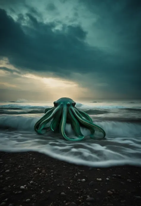 Octopus shape Variant forms Boundless deep sea Nuclear waste accumulation Dull blue-green hues Polluted waters Ecological balance on the edge of collapse Unnatural color contrast Man-made disaster reminders Texture of diseased tumors Skin hair removal and ...