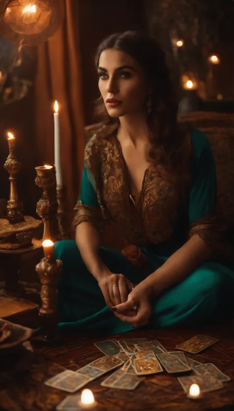 A woman sitting looking at the camera and tarot cards on the table