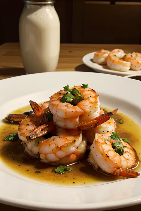 Make me a picture of a dish with sauteed shrimp, visto de cima numa mesa de madeira, com fundo neutro e sem pessoas na imagem.