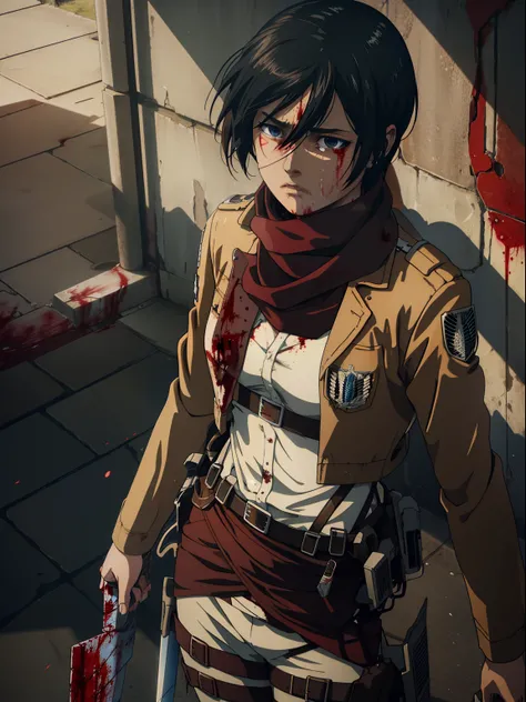 Masterpiece, A high resolution, Photorealistic, Best quality, 8K, Best quality, Ultra-detailed, Cinematic lighting, 1girll, mikasa ackerman, shingeki no kyojin, 1girll, belt, Black hair, Cropped jacket, emblem, hair between eye, Jacket, Paradise military u...