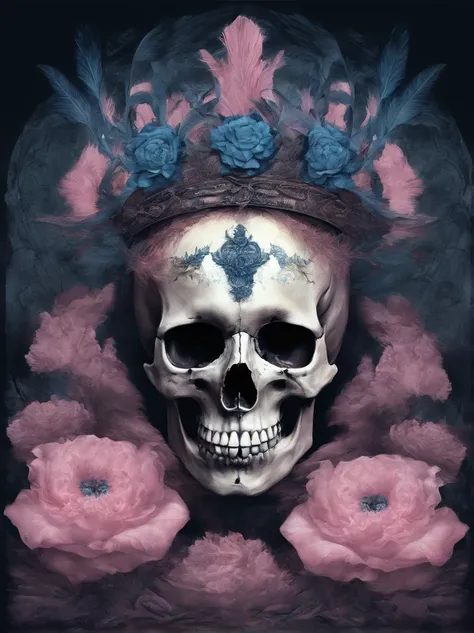 (Close-up of skull wearing pink flower headdress and blue painting),Artistically,Caricature,a whimsical illustration,pastel art,Rock art,Exaggeration, rolling waves,Cartoon,anime big breast,kawaii,Feather work, --AR 3:4 --V 5.2 - Style original - glass