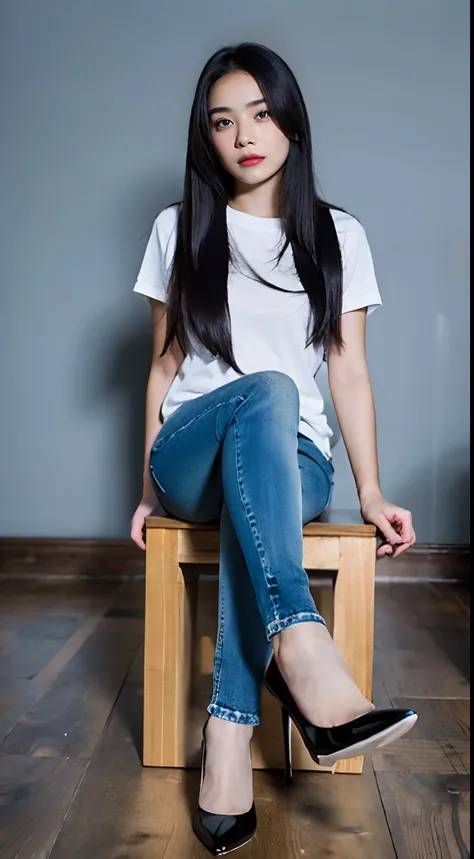 1girll,Solo,Best quality, Masterpiece, 8K,RAW photo, Photo (object), Extremely detailed, primitive,Realistic,Sitting, view the viewer,Jeans,White T-shirt,Long hair,Black hair, sofe,Flesh-colored pantyhose，high-heels