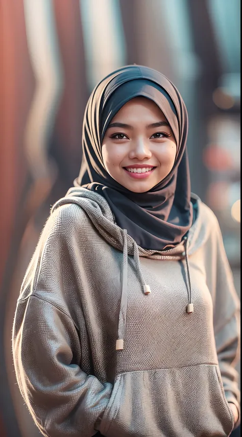 malay girl in hijab wear big oversized loose hoodie and high waist pants, seating, wear back pack, front view, detail skin, deta...