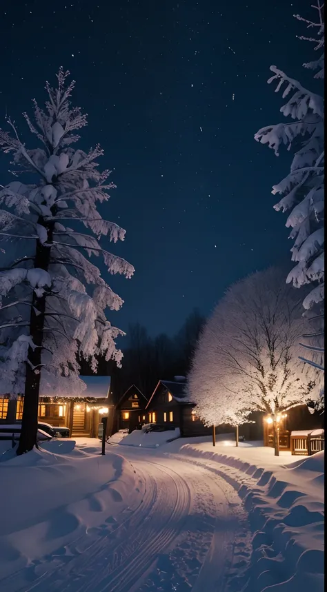 the night, quaint village, Snow hangs from trees, first person perspective