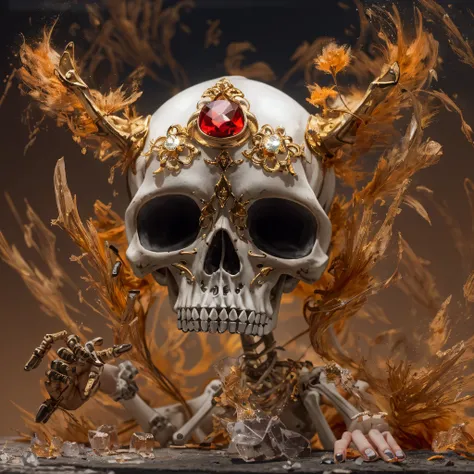 Skull 32K，Phoenix Immortal Demon Skeleton Realm, Chance encounter with Liu Hanshu,tmasterpiece, Better quality, Still photography,Muppet skeletons，There are terriers，Linen coarse cloth skeleton holding a puppet triceratops skeleton，The animal images are su...