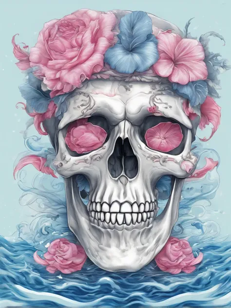 (Close-up of skull wearing pink flower headdress and blue painting),Artistically,Caricature,a whimsical illustration,pastel art,Rock art,Exaggeration, rolling waves,Cartoon,anime big breast,kawaii,Feather work, --AR 3:4 --V 5.2 - Style original - glass