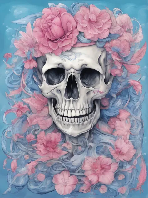 (Close-up of skull wearing pink flower headdress and blue painting),Artistically,Caricature,a whimsical illustration,pastel art,Rock art,Exaggeration, rolling waves,Cartoon,anime big breast,kawaii,Feather work, --AR 3:4 --V 5.2 - Style original - glass