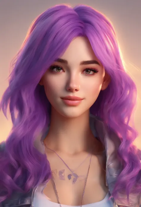 realistic girl purple hair, beautiful girl, undershirt, full body, Eye details , cute face