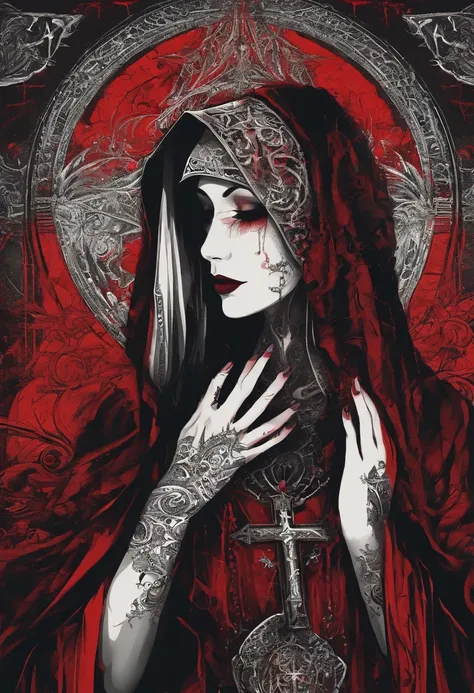 (sexy gothic demonic nun), dark, mysterious, enchanting, hauntingly beautiful, (detailed facial features, piercing eyes, dark red lips), black flowing robes, cross necklace, sensual, alluring pose, (candlelit backdrop, ominous atmosphere), (best quality, h...