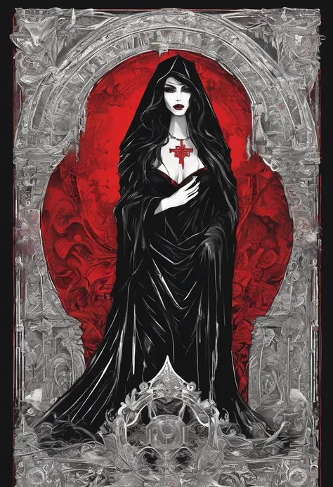 (sexy gothic demonic nun), dark, mysterious, enchanting, hauntingly beautiful, (detailed facial features, piercing eyes, dark red lips), black flowing robes, cross necklace, sensual, alluring pose, (candlelit backdrop, ominous atmosphere), (best quality, h...