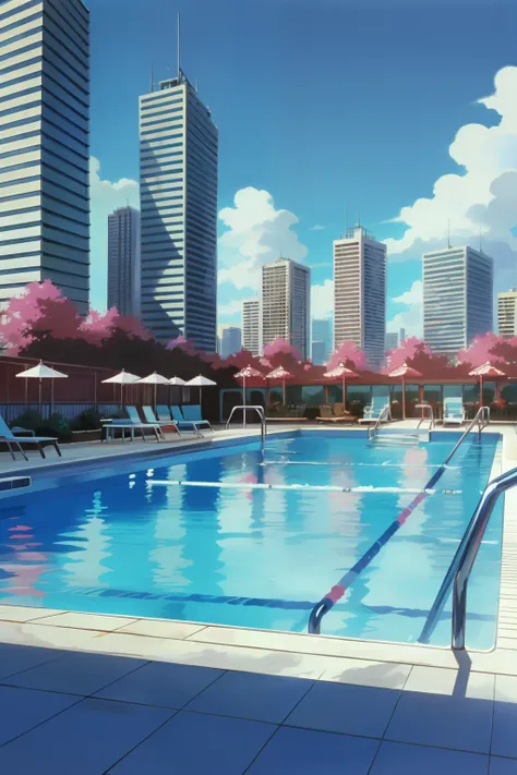 building, city landscape, hotel resort, pool, hnkstyle, 80's anime,