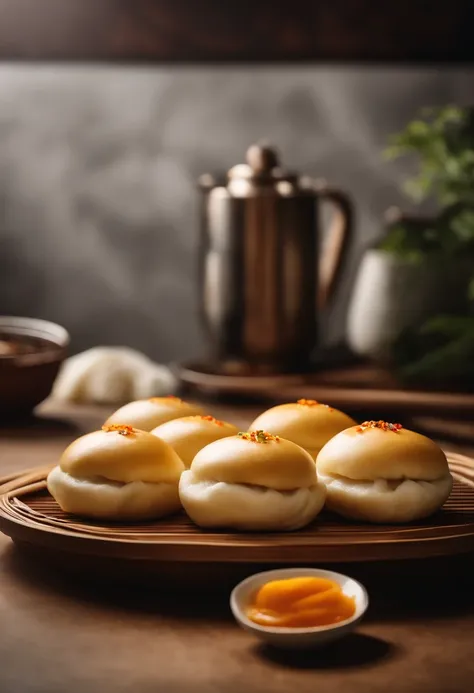 Commercial shooting, Cantonese egg yolk Steamed pork buns,Steamed pork buns size, poster for, Fresh style background, elegant, Booth lighting, Attractive, photorealistic colors, Ultra HD