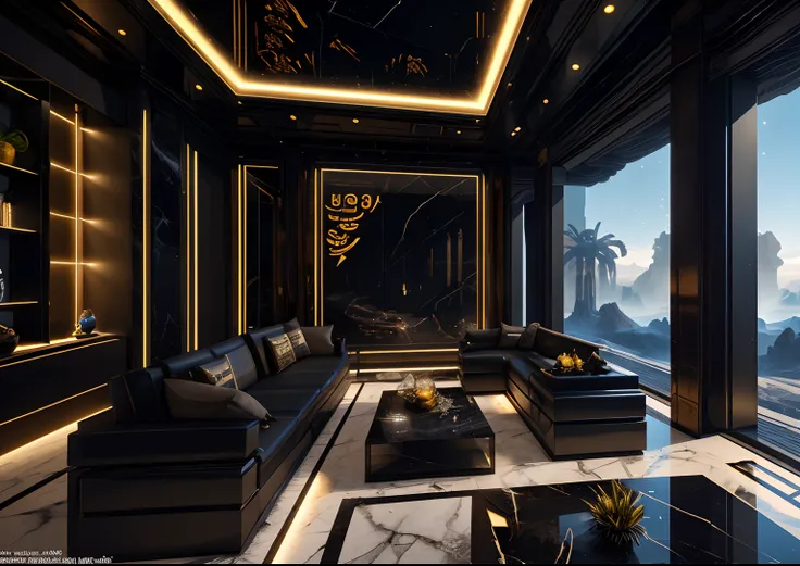 incredible luxurious futuristic black living room interior in Ancient Egyptian cyberpunk style, with lotus flowers, palm trees, hieroglyphics, gardens, flowers, rocky walls, sand, marble, precious minerals, metals, gemstones, crystals, clouds and water, cr...