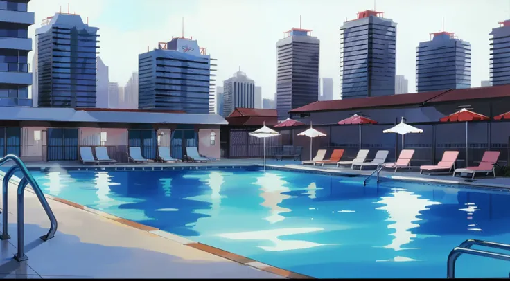 building, city landscape, hotel resort, pool, HNKstyle, 80s anime,