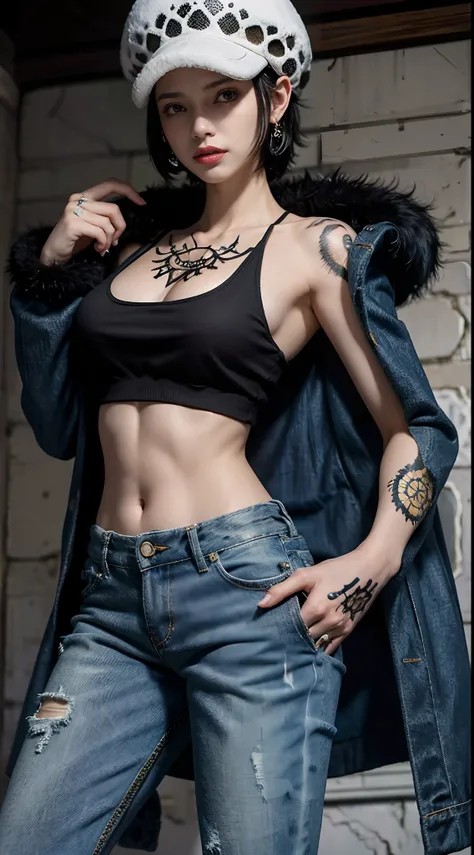 masterpiece, best quality, 8k,highestres, absurdres, extremely detailed, female trafalgar law, 1girl, 1sword, solo, looking at viewer, short hair, medium breasts, hat, navel, cleavage, collarbone, earrings, midriff, pants, coat, fur trim, denim, jeans, sho...