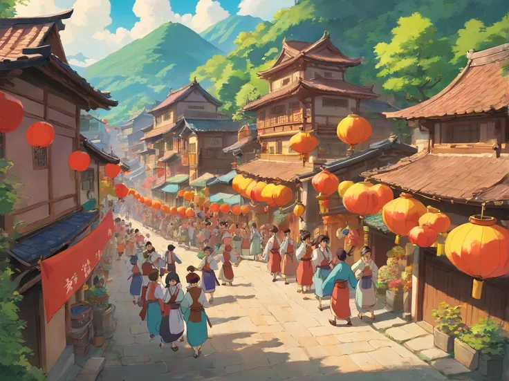 Vista: A Zhuang village with buildings celebrating the festival and people beating copper drums