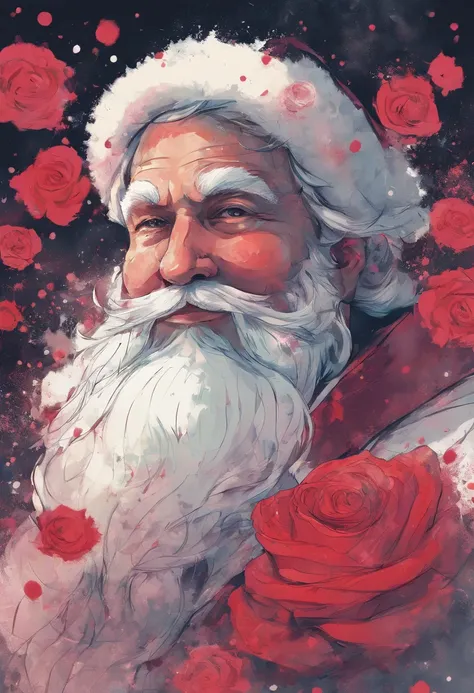 close up photo of santa Claus ,watrcolor style, (rose behind) digital art, official art, blown by the wind, masterpiece, handsome face, ((watercolor)), paint splatter, intricate detail. Great detail, [dripping:0.7]