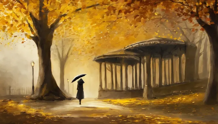 Girl with a black umbrella，Look back，Ginkgo tree， Divisional deciduous pavement，leaves falling，autumnal，Light yellow tones，super-fine，Carefully drawn，high quarity，8K，Miyazaki Animation Style