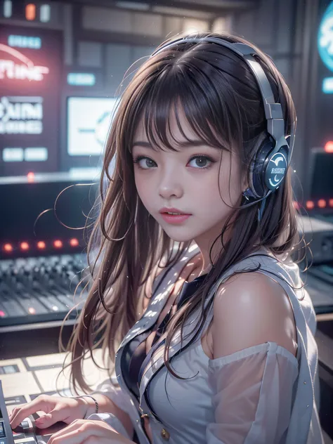 RAW image quality、8K分辨率、Ultra-detailed CG footage、Alafed woman in DJ venue wearing headphones, ((A look tinged with joy，Ephemeral woman))，nightcore, With headphones, Kantai Collection Style, Vivid neon lighting, with head phones, DJ female, anime moe art s...