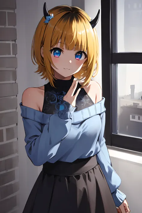 1girl in, MEMcho, Blonde hair, Blue eyes, Blunt bangs, Demon Horns, fake horns, Horns, Short hair,
BREAK bare shoulders, Black skirt, (Blue sweater:1.5), Long sleeves, off shoulders, off-the-shoulder sweater, Puffy sleeves, Skirt, Sweaters, White ribbon, S...