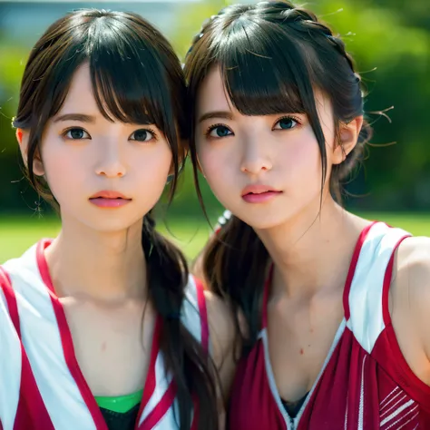 2 girls in、Beautiful mature college girl、Track attire、Outside Track Field、((Slimed、小柄))、Photorealsitic、a picture、​masterpiece、reallistic、真实感、photorealisim、High contrast、Artstation 8K HD Trending Photorealistic Digital Art HD High Definition Detailed Realis...