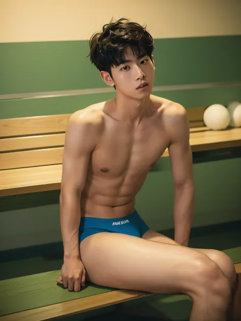 A Japanese boy with a baby face, young, looking shy, is sitting on a bench in a changing room of a gym. The boy is and has a slender physique, slim build. The focus is on his groin area, emphasizing his innocence and vulnerability. The lighting is soft, ca...