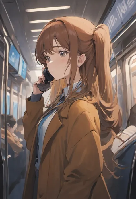 A beautiful female white-collar worker wearing an overcoat with long brown hair and headphones watching the news on the subway