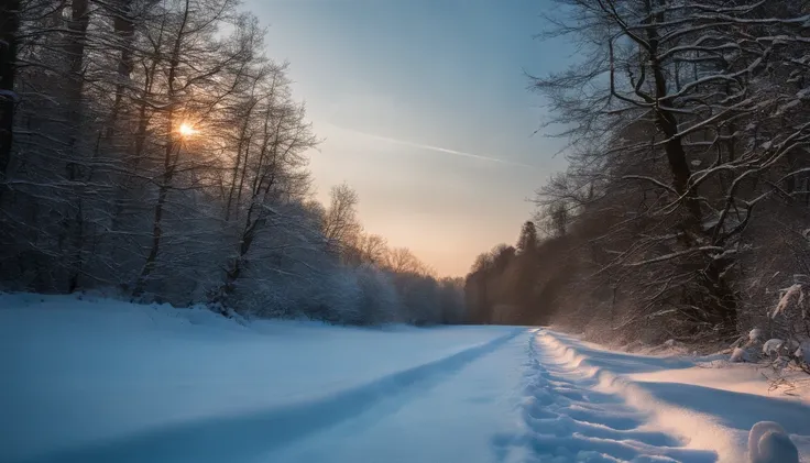 ((hight resolution,8K)), Highly detailed detail,Crisp focus:1.2,Snow close-up, Macro Close Shot, On flat snow, Smooth snow, Forest in the background, depth of fields