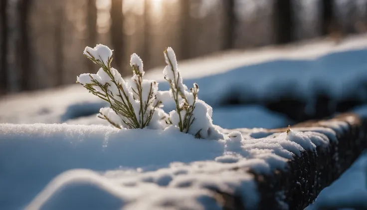 ((hight resolution,8K)), Highly detailed detail,Crisp focus:1.2,Snow close-up, Macro Close Shot, On flat snow, Smooth snow, Forest in the background, depth of fields