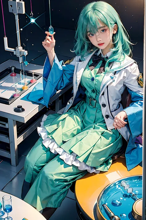 in a chemistry lab,
Girl pouring colorful liquid into test tube. She is fascinated by chemistry、I want to see how her chemicals react. Her eyes are shining、Her expression is like a sorceress.
Next to her, Sitting Boy. He was not interested in her experimen...