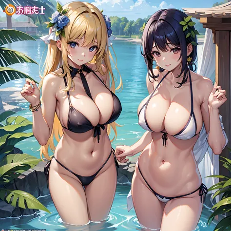 Beauty 2 people、tits out、huge tit、nudde、teats、cleavage of the breast、The bikini、a navel、Futomo、waterside