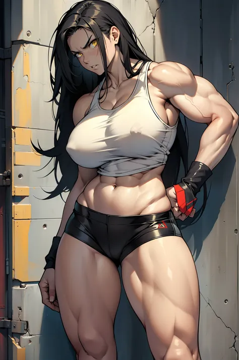 solo, ((1 girl)), very long hair, black hair, angry, yellow eyes, ((((muscular)))), ((huge tits)), ((thick thighs)), ((wide hips)), (cowboy shot), pale skin, tank top, bike shorts, standing, toned body, against wall