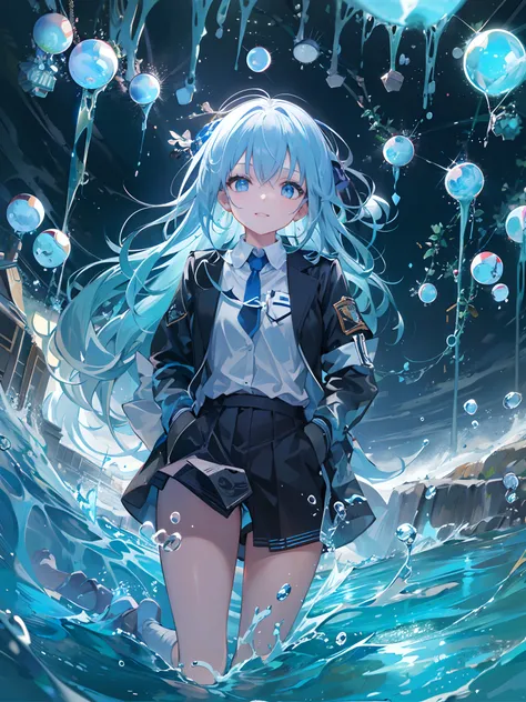 ((top-quality)), ((​masterpiece)), ((ultra-detailliert)), (Extremely delicate and beautiful), girl with, 独奏, cold attitude,((Black jacket)),She is very(relax)with  the(Settled down)Looks,A dark-haired, depth of fields,Evil smile,Bubble, under the water, Ai...