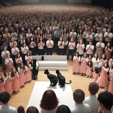 A man standing on a stage holding two cats up in the air as a large group of people kneel and pray for the cat. the group is happy with tears in their eyes. They’re inside of a white room with no windows