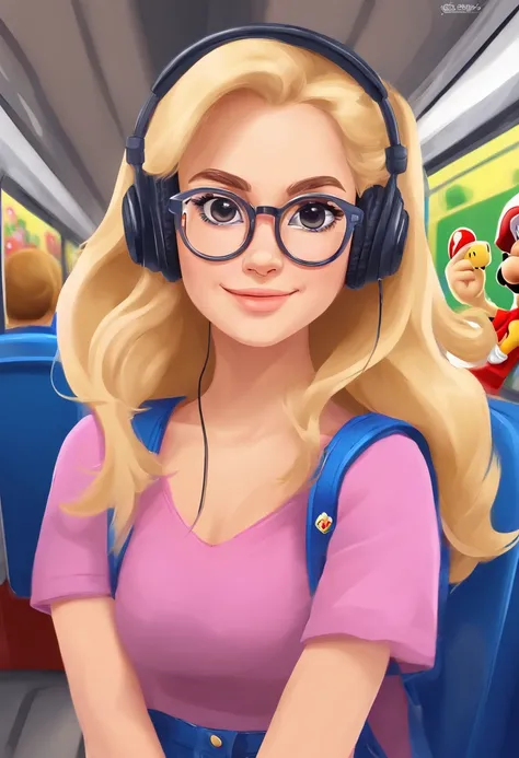 femele，Long hair，wears glasses，coiffed blonde hair，On the subway，wearing headphone，Look at your phone，Listen to the news，