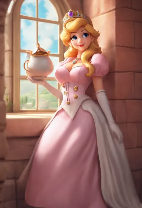 Princess peach leaning on a wall with a a revealing nurse uniforme Cup soft ligh,big breast erotic